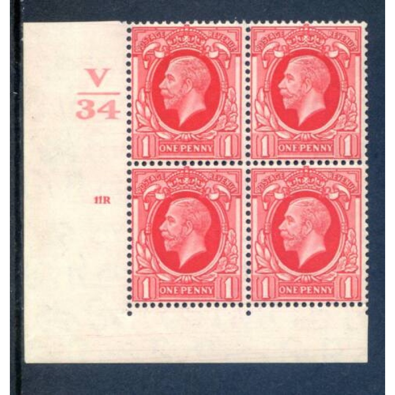 KGV 1d Scarlet SG440 Cylinder 11R No Dot V34 Unmounted Mint Block 4