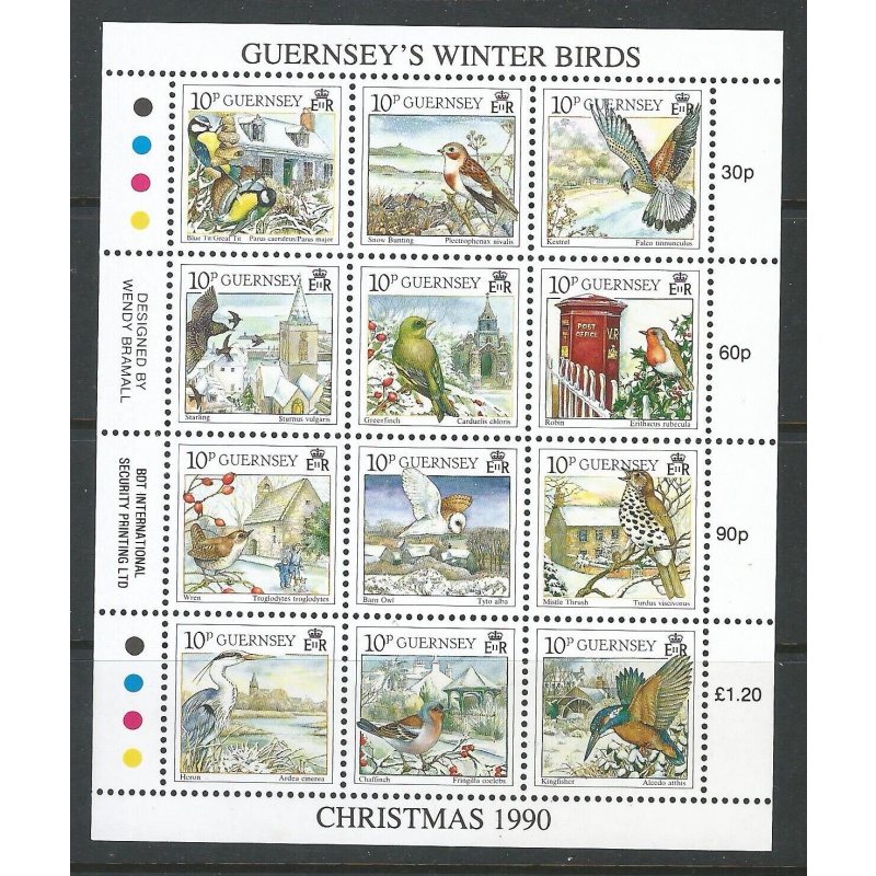 Guernsey Sg505-519 - 1990 Christmas. Winter Birds Mini sheet full set MNH