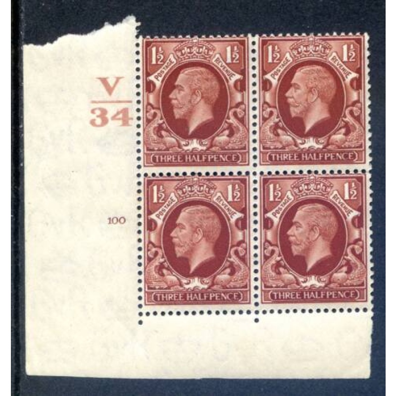 KGV 1 1 2d Red Brown SG441 Cylinder 100 No Dot V34 Unmounted Mint Block 4