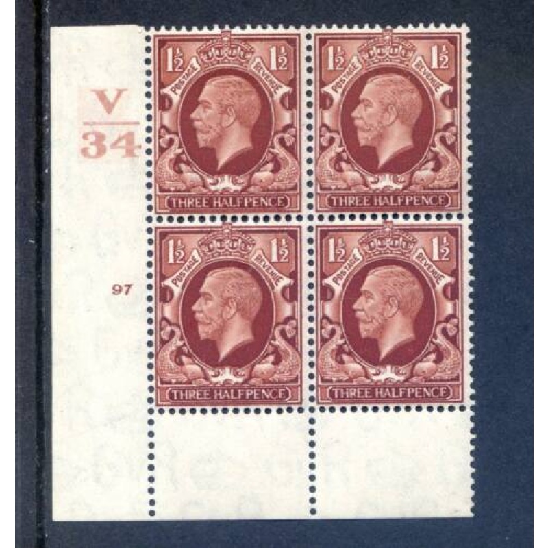 KGV 1 1 2d Red Brown SG441 Cylinder 97 No Dot V34 Unmounted Mint Block 4