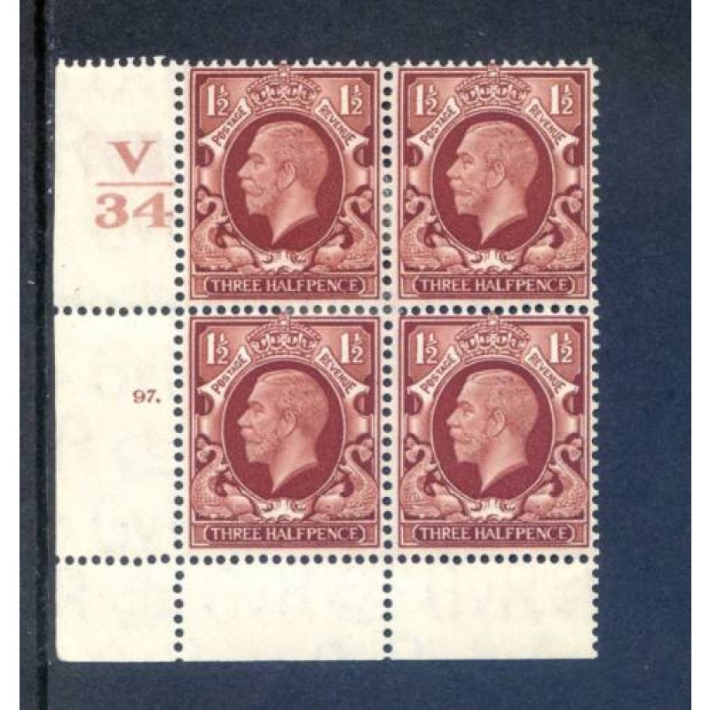 KGV 1 1 2d Red Brown SG441 Cylinder 97 Dot V34 mounted Mint Block 4