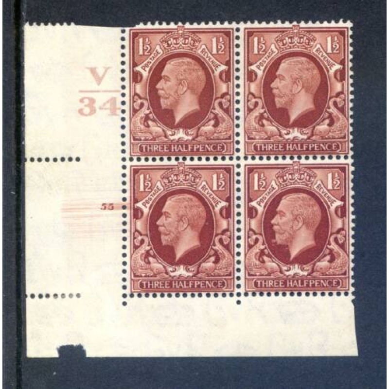 KGV 1 1 2d Red Brown SG441 Cylinder 55 No Dot V34 Unmounted Mint Block 4