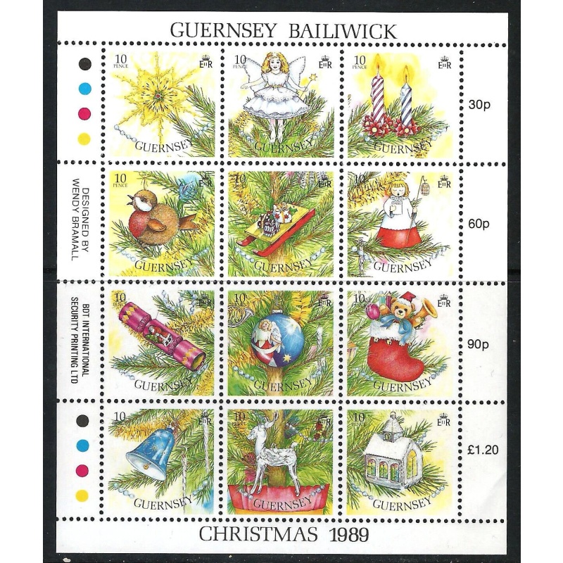 Guernsey Sg474-485 - 1989 Christmas.Tree Decorations Mini sheet full set MNH