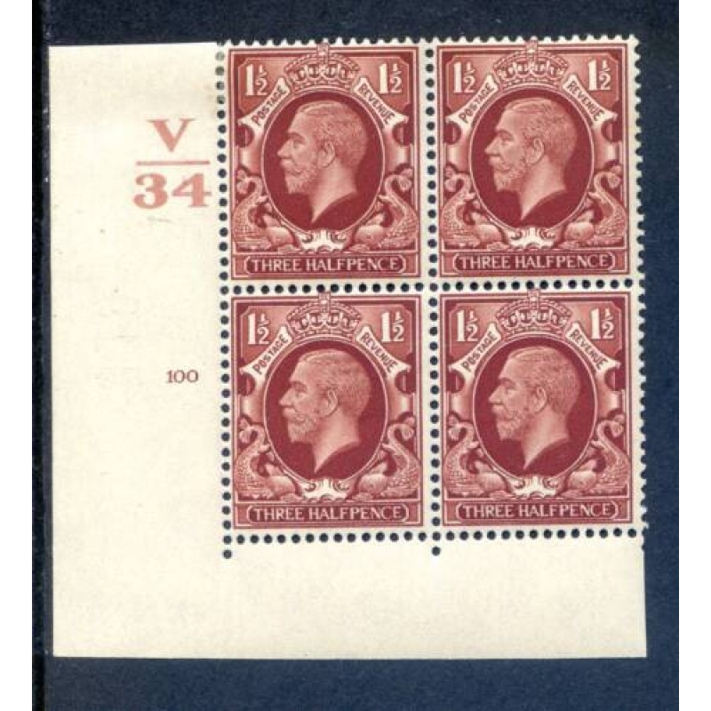 KGV 1 1 2d Red Brown SG441 Cylinder 100 No Dot V34 mounted Mint Block 4