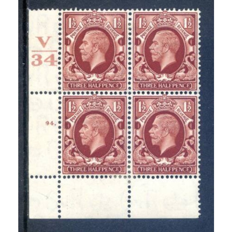 KGV 1 1 2d Red Brown SG441 Cylinder 94 Dot V34 mounted Mint Block 4