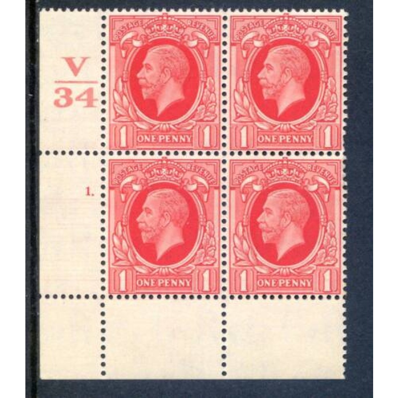 KGV 1d Scarlet SG440 Cylinder 1 Dot V34 Unmounted Mint Block 4