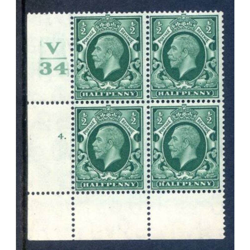 KGV 1 2d Green SG439 Cylinder 4 Dot V34 Unmounted Mint Block 4