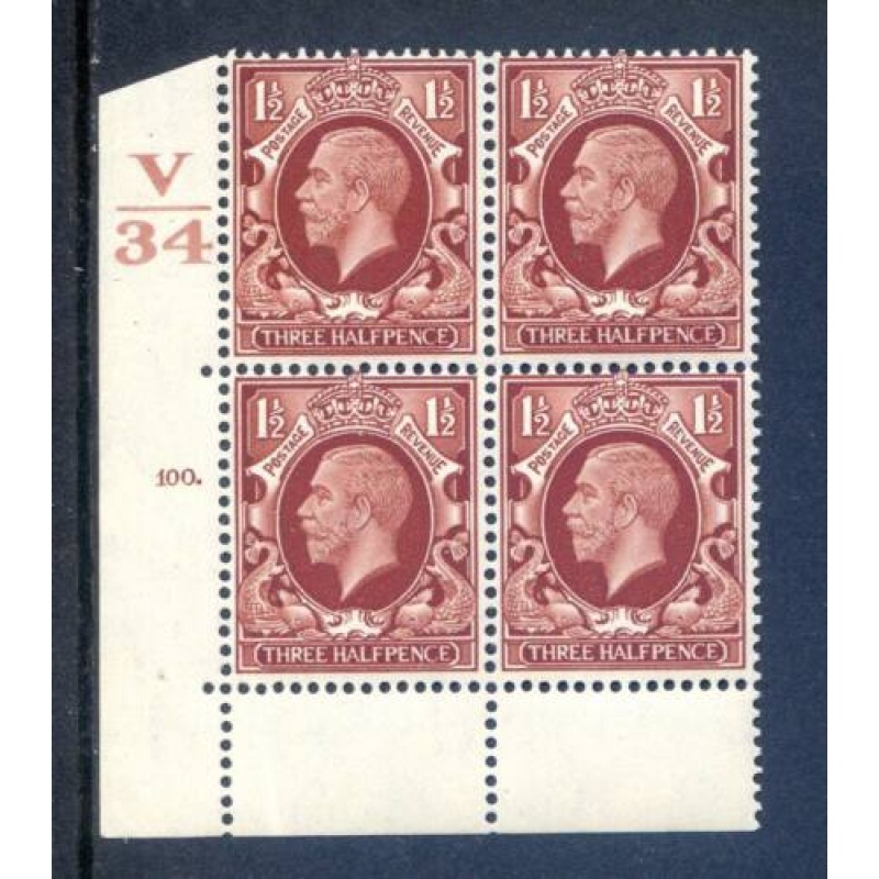 KGV 1 1 2d Red Brown SG441 Cylinder 100 Dot V34 Unmounted Mint Block 4