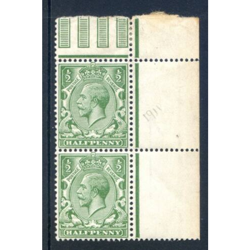 KGV 1 2d Green SG N14b No Wmk Marginal Pair Unmounted Mint