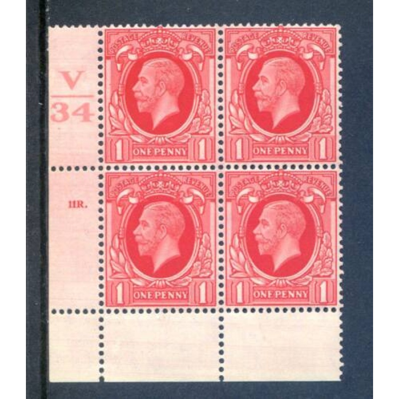 KGV 1d Scarlet SG440 Cylinder 11R Dot V34 Unmounted Mint Block 4