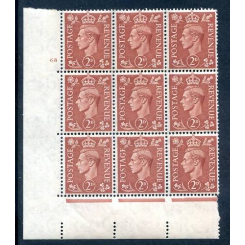 KGV1 2d Pale Red Brown SG506 Cylinder 68 No Dot mounted Mint Corner Marginal Blo