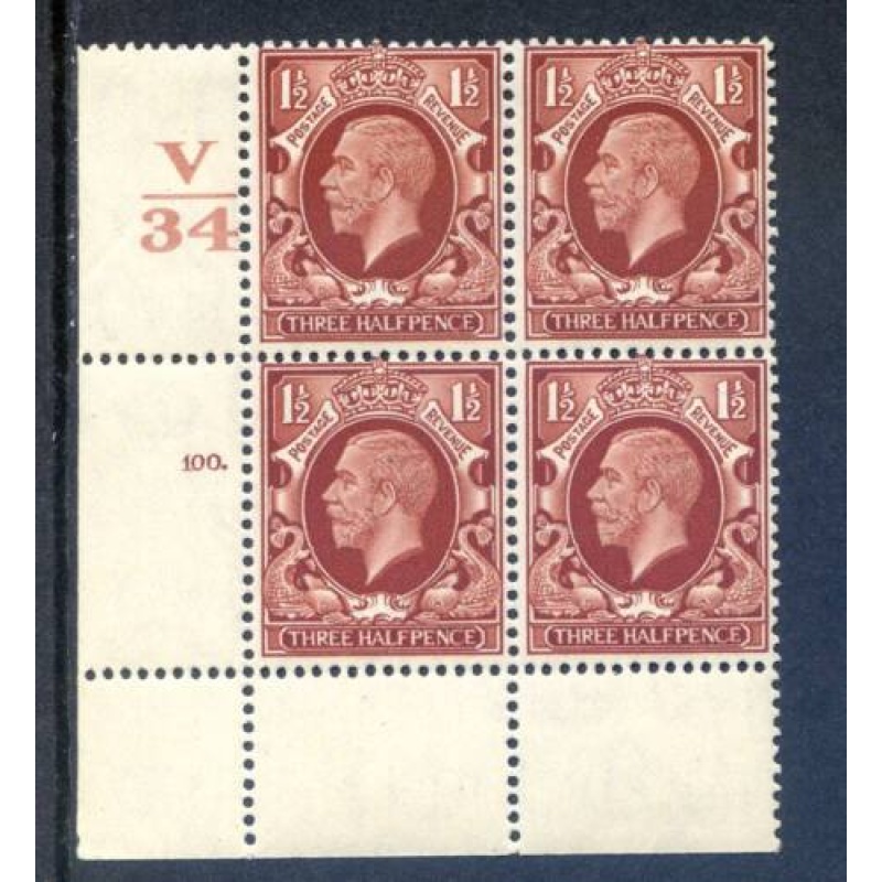 KGV 1 1 2d Red Brown SG441 Cylinder 100 Dot V34 Unmounted Mint Block 4