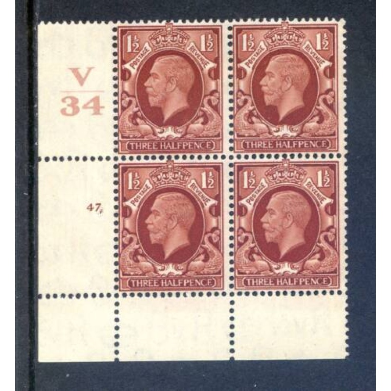 KGV 1 1 2d Red Brown SG441 Cylinder 47 Dot V34 mounted Mint Block 4