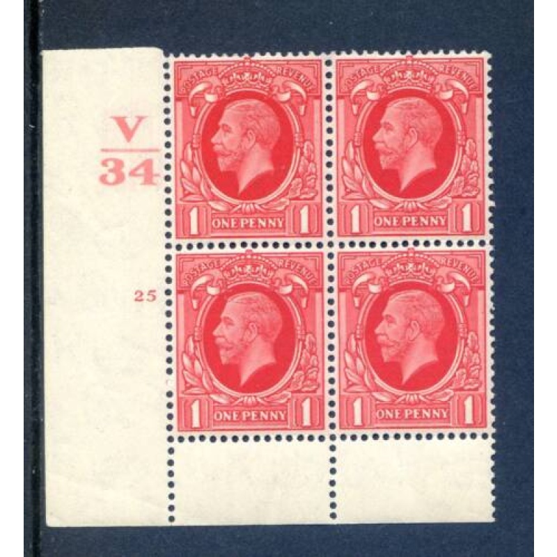 KGV 1d Scarlet SG440 Cylinder 25 No Dot V34 Unmounted Mint Block 4