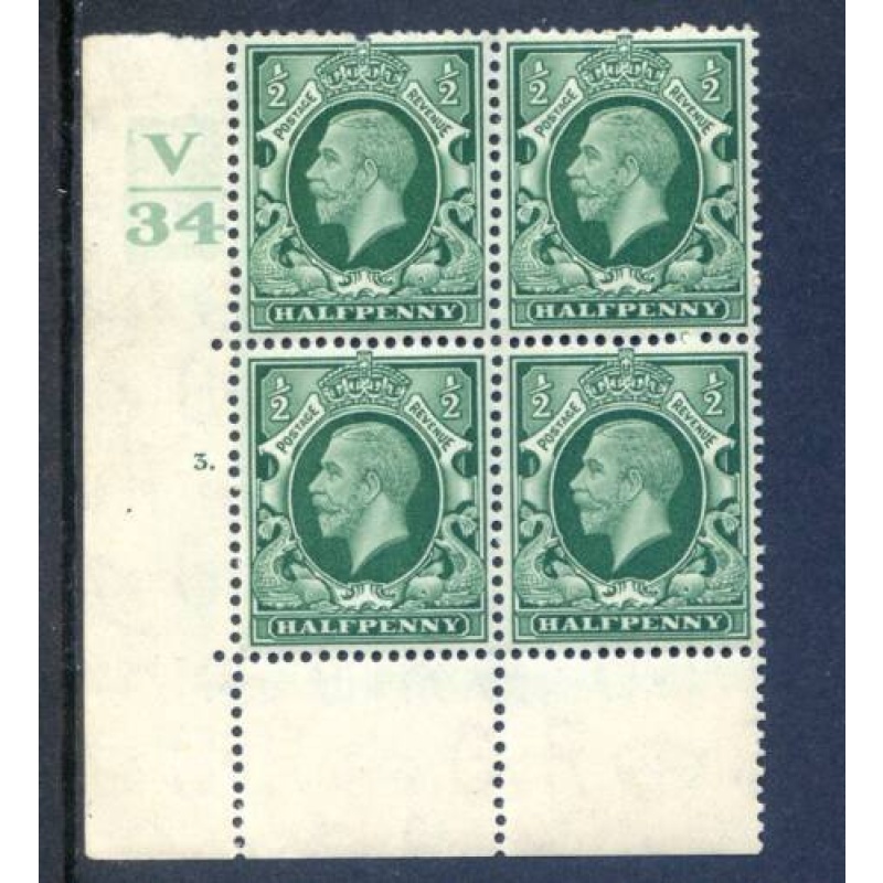 KGV 1 2d Green SG439 Cylinder 3 Dot V34 Unmounted Mint Block 4