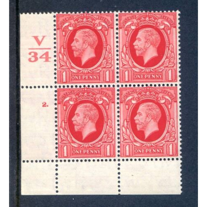 KGV 1d Scarlet SG440 Cylinder 2 Dot V34 Unmounted Mint Block 4