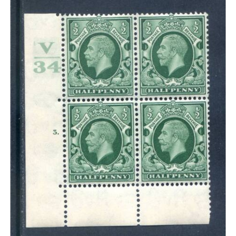 GB 1 2d Green Photogravure SG439 V34 Cyl 3 Dot Block 4 Mounted Mint