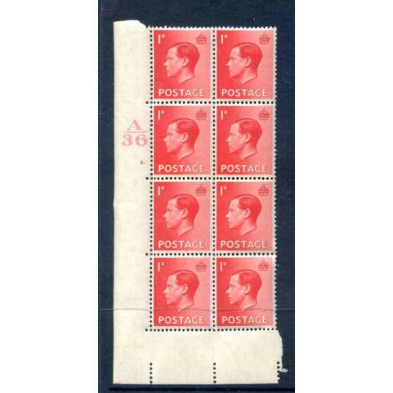 KEVIII 1d Scarlet A36 Cylinder 2 Dot Block 8 Unmounted mint