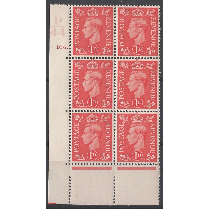 George VI 1941 Sg 486 - 1d Pale scarlet P44 106 Dot cylinder block UNMOUNTED MIN