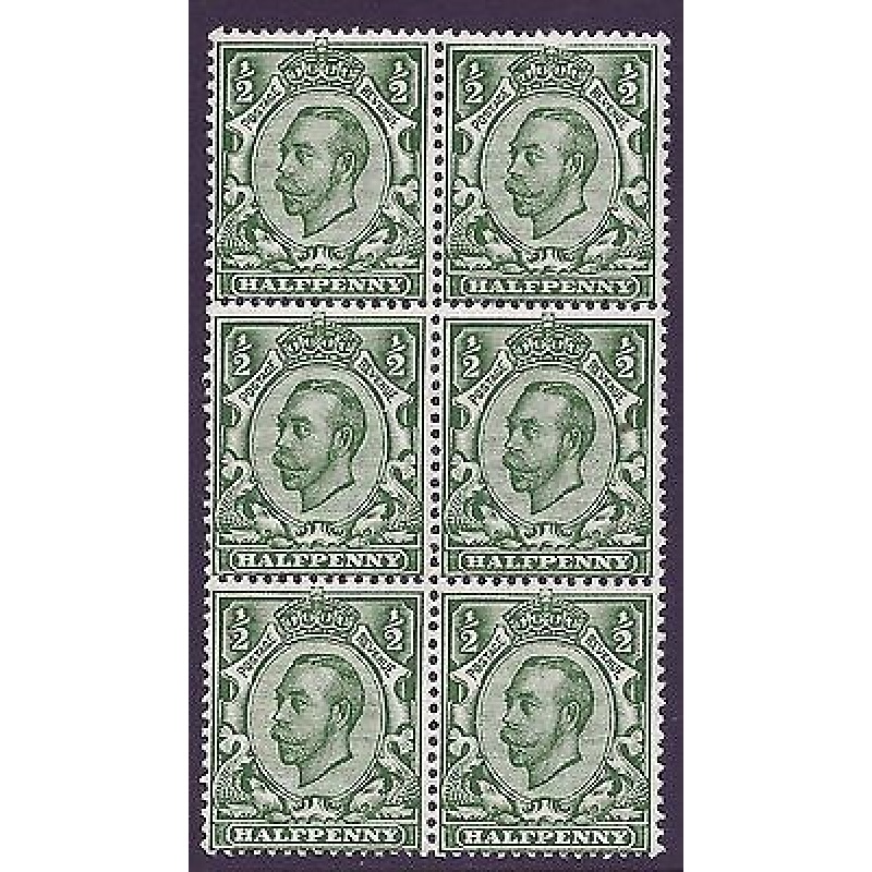 1912 sg338 d Deep Green Downey head block of 6 variety row unmounted mint MNH