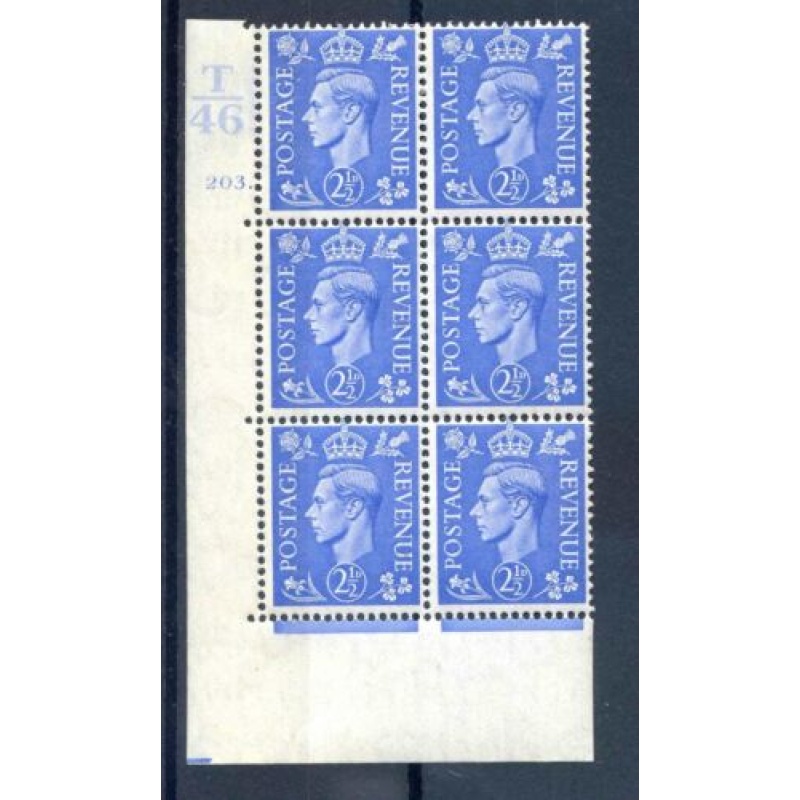 KGVI 2 1 2d Light Blue T46 Cyl 203 Dot mounted Mint Block 6