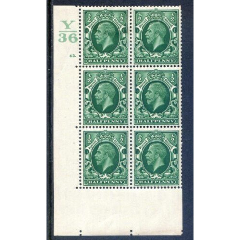 KGV 1 2d Green SG439 Cylinder 42 Dot Y36 mounted Mint Block 6