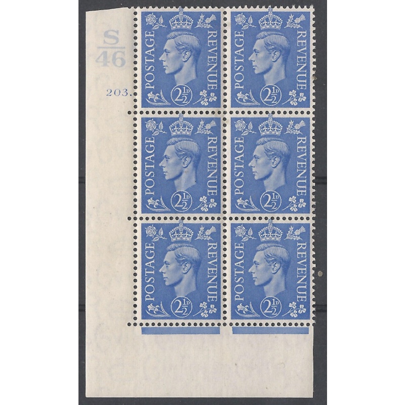 George VI 1941 Sg 489 -2d Light Ultramarine Control S46 Cylinder 203 dot MNH