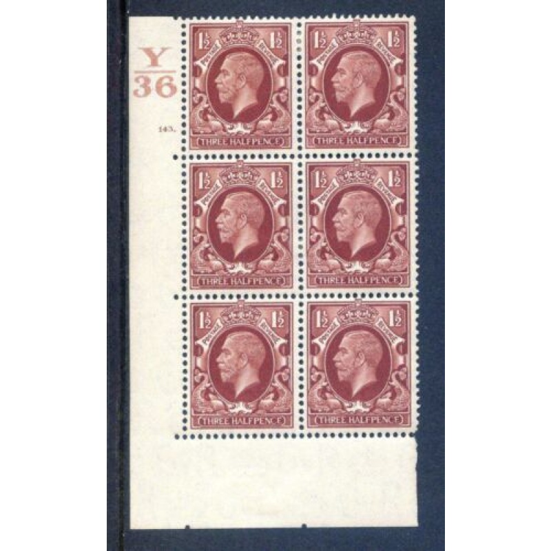 KGV 1 1 2d Red Brown SG441 Cylinder 143 Dot Y36 mounted Mint Block 6