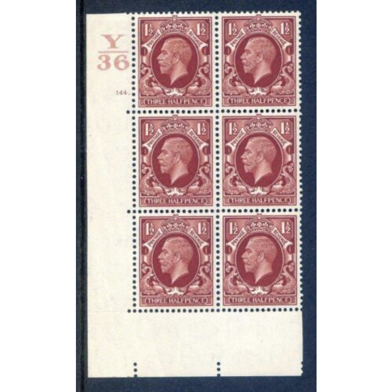 KGV 1 1 2d Red Brown SG441 Cylinder 144 Dot Y36 mounted Mint Block 6