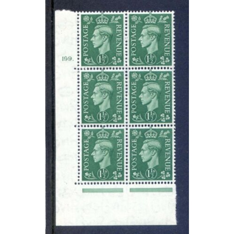 KGV1 1 1 2d Pale Green SG505 Cylinder 199 Dot Unmounted Mint Block 6