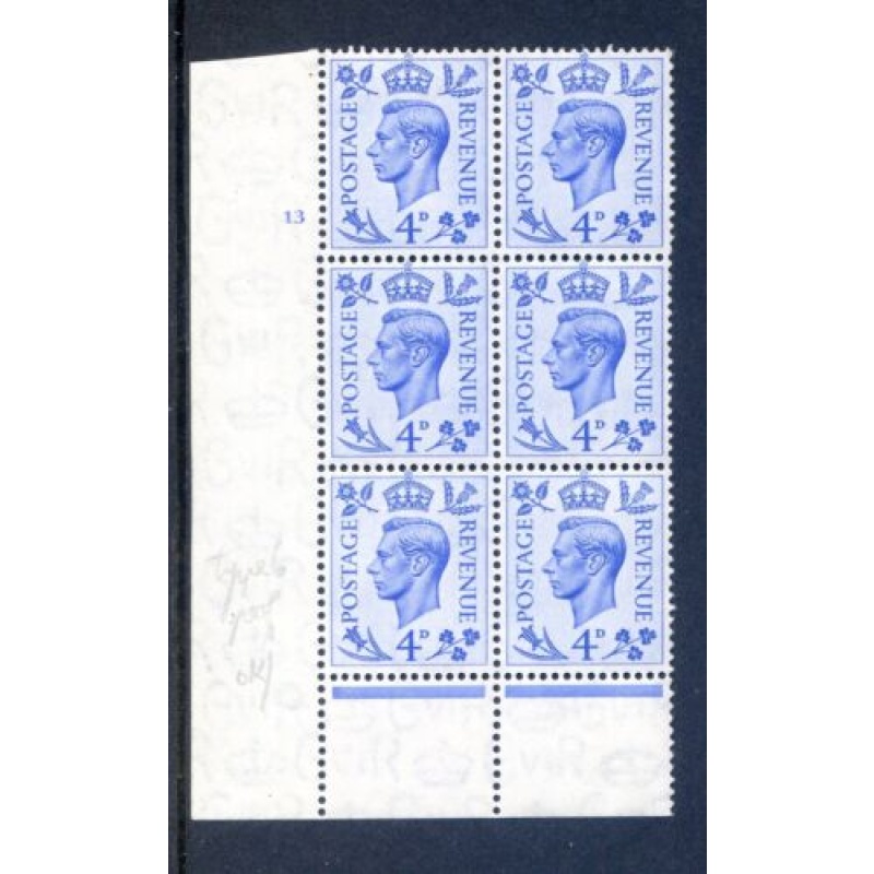 KGV1 4d Light Ultramarine SG508 Cylinder 13 No Dot Unmounted Mint Block 6