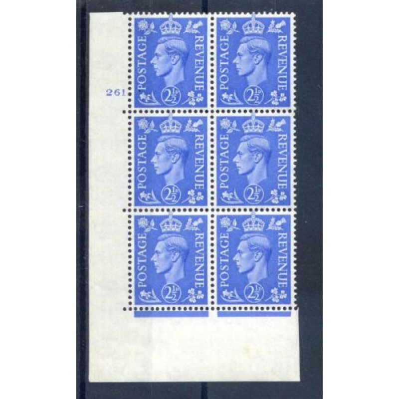 KGVI 2 1 2d Light Blue Cyl 261 No Dot mounted Mint Block 6