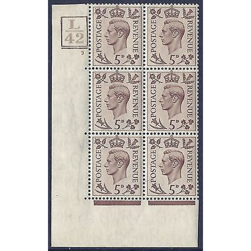 1938 5d Brown L42 5Bars  cyl 3 No Dot perf 5(E I) block 6 UNMOUNTED MINT