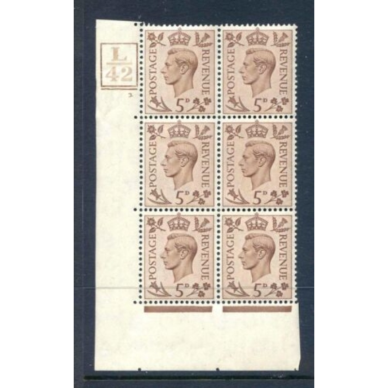 KGVI 5d Brown L42 Bar Cylinder 3 Dot Mounted Mint Block 6