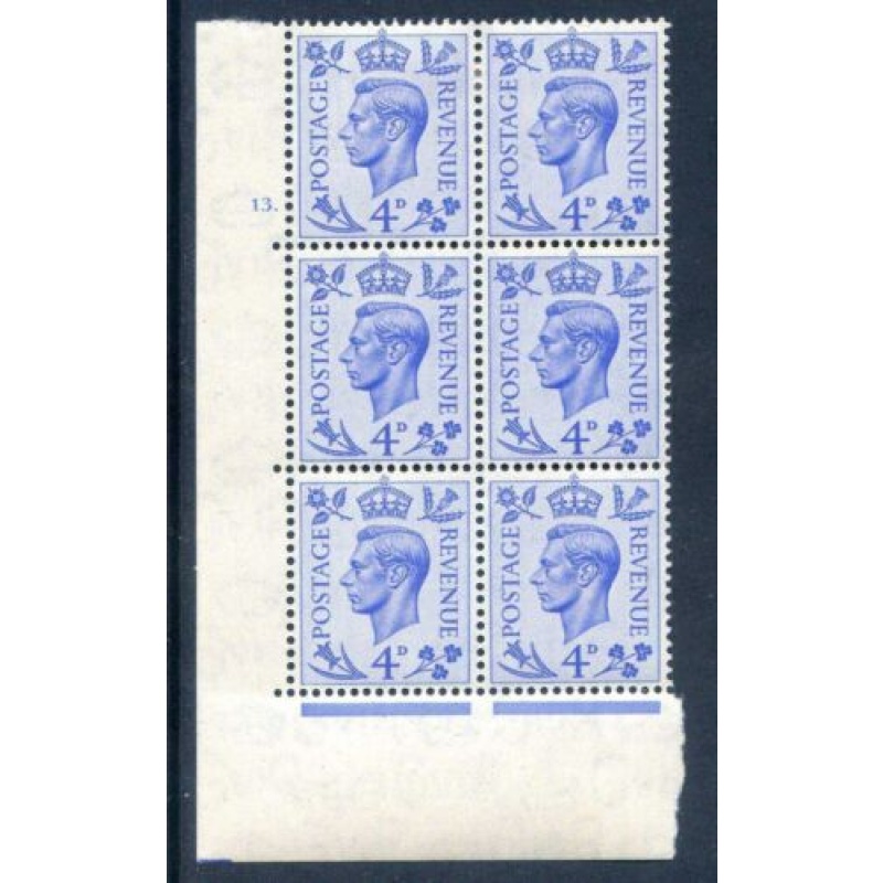 KGV1 4d Light Ultramarine SG508 Cylinder 13 Dot mounted Mint Marginal Block 6