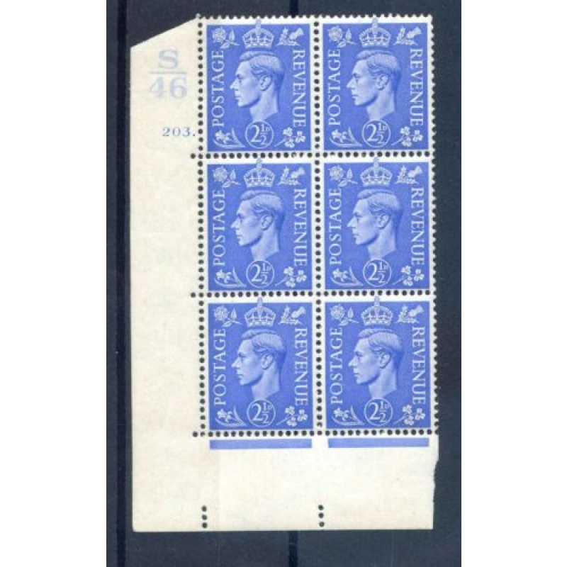 KGVI 2 1 2d Light Blue S46 Cyl 203 Dot mounted Mint Block 6