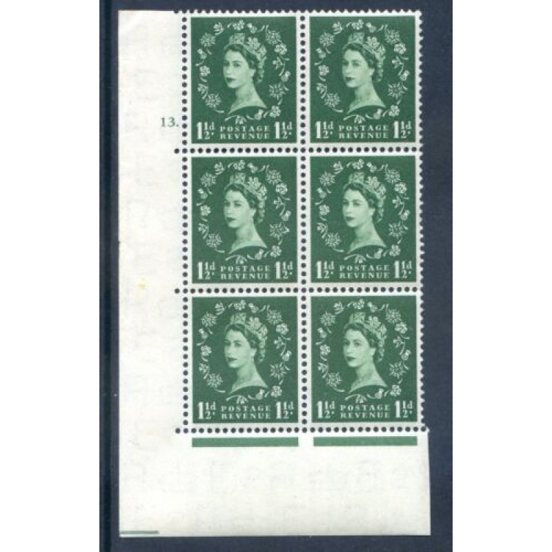 GB 1 1 2d Green SG25h Cyl 13 Dot Unmounted Mint Block 6