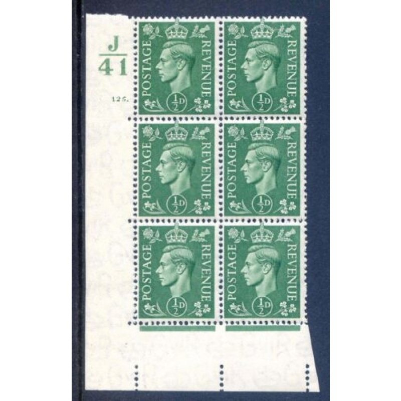 KGV1 1 2d Pale Green SG485 Cylinder 125 Dot J41 Unmounted Mint Block 6