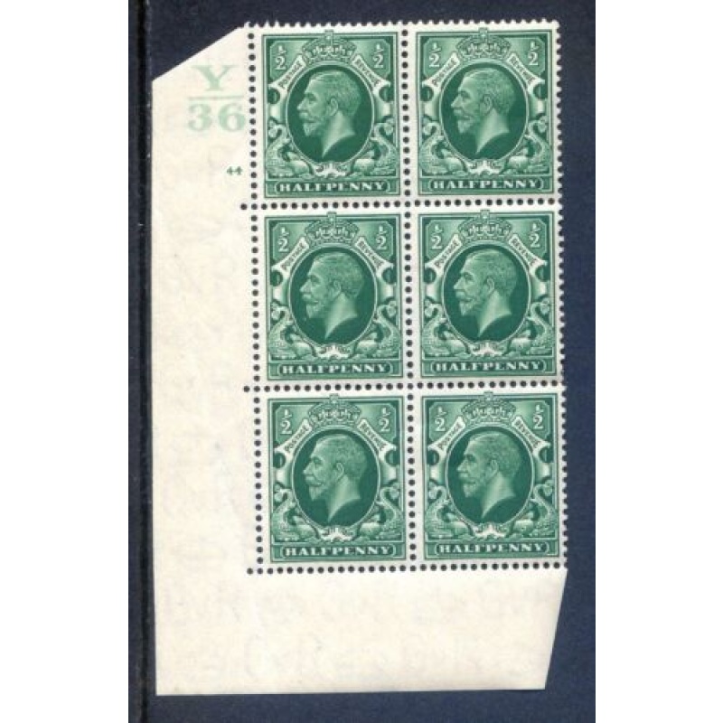 KGV 1 2d Green SG439 Cylinder 44 Dot Y36 mounted Mint Block 6