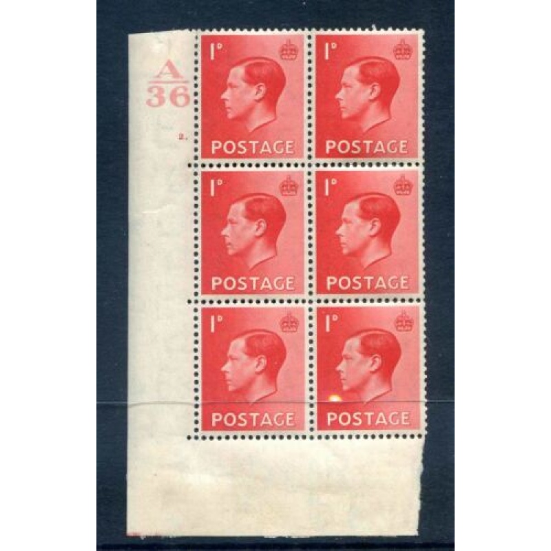 KEVIII 1d Scarlet A36 Cylinder 2 Dot Block 6 Unmounted mint