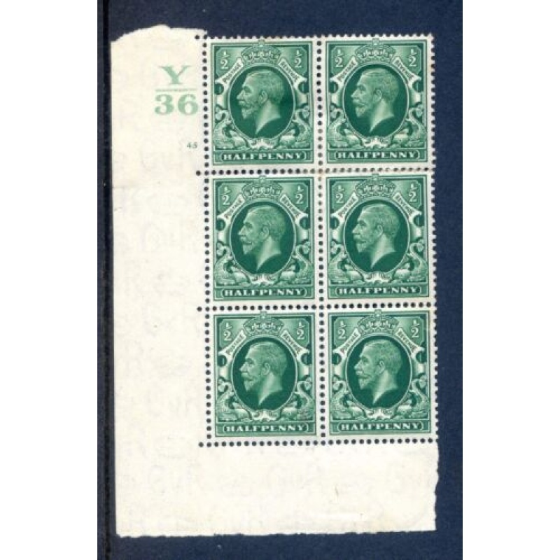 KGV 1 2d Green SG439 Cylinder 45 No Dot Y36 mounted Mint Block 6