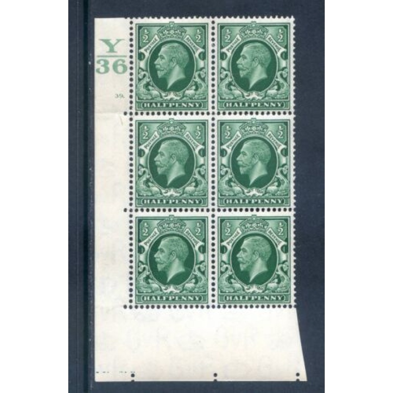 GB 1 2d Green Photogravure SG439 Y36 Cyl 39 Dot Block 6 mounted Mint