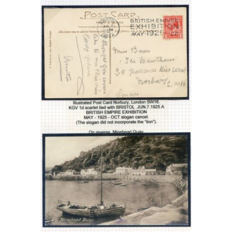 Minehead Quay Illustrated Postcard to Norbury British Empire Exhibition Cancel