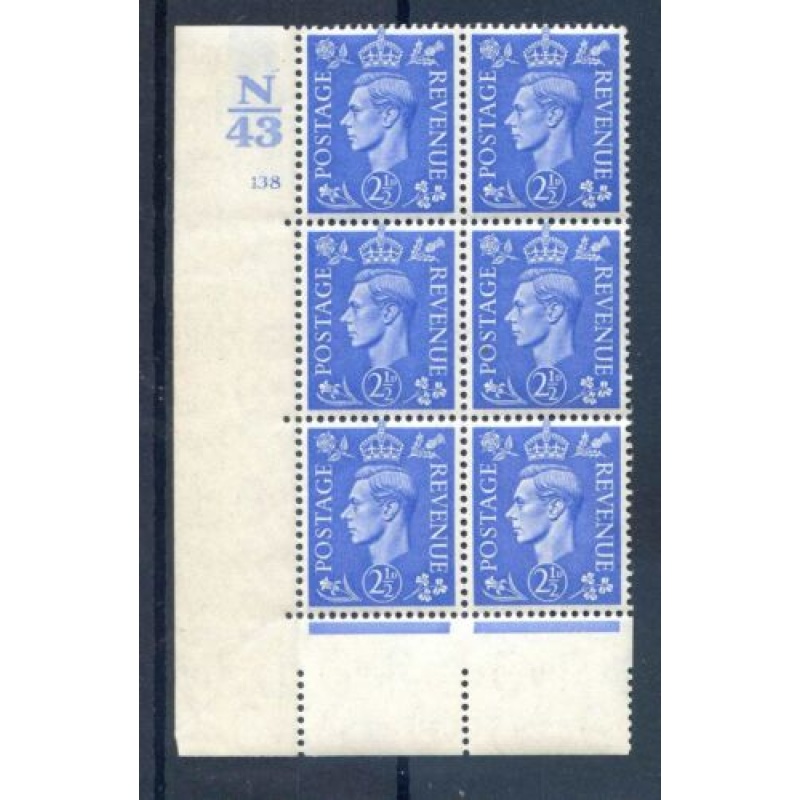 KGVI 2 1 2d Light Blue N43 Cyl 138 No Dot mounted Mint