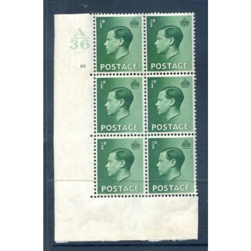 KEVIII 1 2d Green A36 Cylinder 10 No Dot Block 6 Unmounted mint