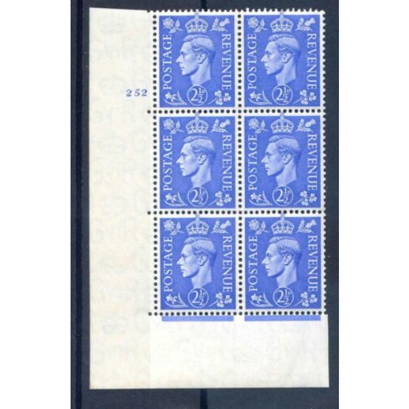 KGVI 2 1 2d Light Blue Cyl 252 No Dot Unmounted Mint Block 6