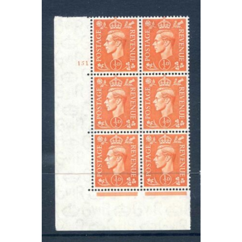 KGVI 1 2d Pale Orange Cylinder 151 No Dot Unmounted Mint Block 6