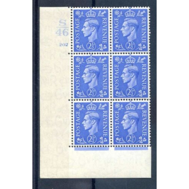 KGVI 2 1 2d Light Blue S46 Cyl 202 No Dot mounted Mint Block 6