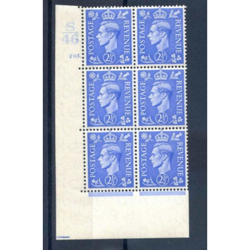 KGVI 2 1 2d Light Blue S46 Cyl 205 Dot mounted Mint Block 6