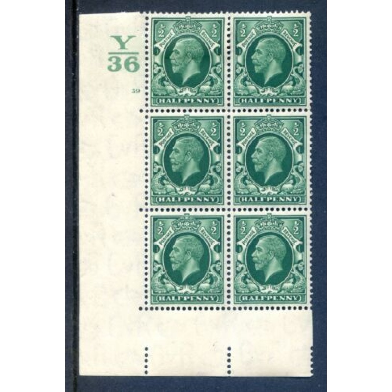 KGV 1 2d Green SG439 Cylinder 39 No Dot Y36 mounted Mint Block 6